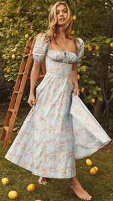 Blue Floral Square Neckline Midi Dress