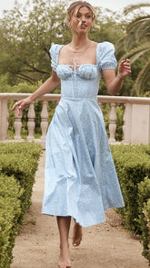 Azure Blue Floral Square Neckline Midi Dress