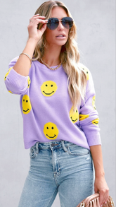 Purple Smiley Face Print Knit Sweater