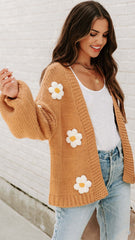 Camel Knit Froral Open Front Cardigan