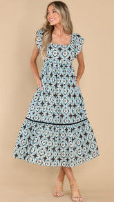 Blue Geo Print Midi Dress