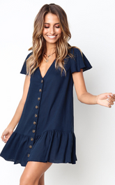 Solid Button Up Short Sleeve Dress