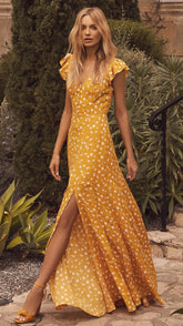 Yellow Floral High Slit Maxi Dress