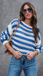 Royal Blue Striped Crochet Knit Sweater