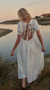 White Lace Paneled Midi Dress