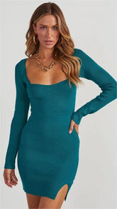 Teal Ribbed Knit Sweater Dress