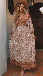 Khaki Boho Floral Midi Dress
