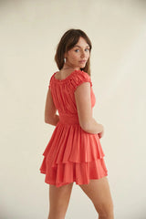 Coral Pleated Solid Rompers