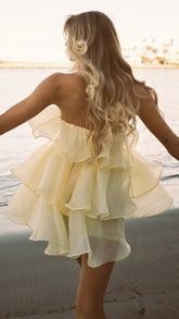 Yellow Strapless Tiered Mini Dress