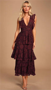 Burgundy Crochet Lace Midi Dress