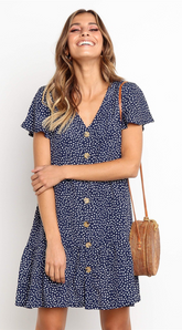 Navy Dot Button Up Short Sleeve Dress