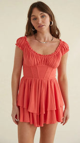 Coral Pleated Solid Rompers