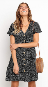 Black Dot Button Up Short Sleeve Dress