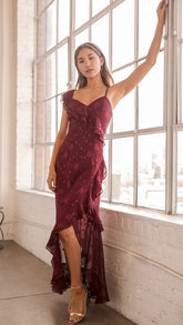 Burgundy Ruffled Sleeveless Midi Dress