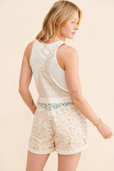 Pink Floral Denim Rolled Shortalls