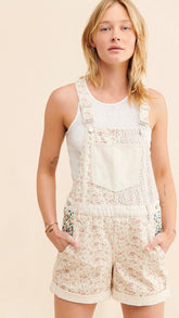 Pink Floral Denim Rolled Shortalls