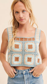 Blue Crochet Knit Crop Tank Top