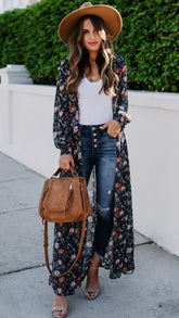 Black Floral Print Long Kimono