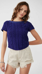 Navy Blue Cable Knit Crop Top