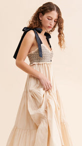 Beige Shoulder Tie Maxi Dress