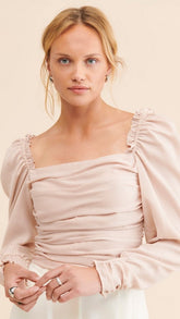 Pink Pleated Long Sleeves Crop Top