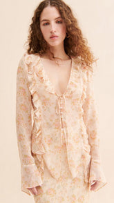 Coral Floral Long Sleeves Chiffon Top