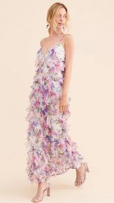 Purple Floral Ruffle Tiered Midi Dress