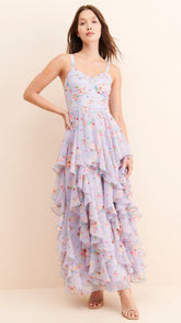 Purple Floral Ruffle Midi Dress