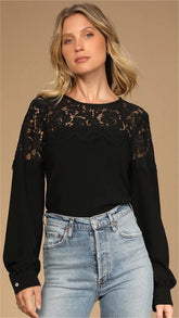 Black Crochet Lace Yoke Top