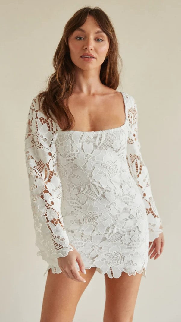 White Crochet Lace Long Sleeves Mini Dress