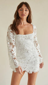 White Crochet Lace Long Sleeves Mini Dress