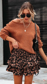 Black Floral Ruffle Mini Skort