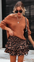 Black Floral Ruffle Mini Skort