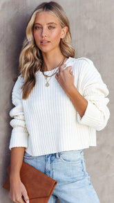 Ivory Ribbed Knit Long Sleeves Sweater
