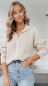 Oatmeal Cable Knit Zipper Sweater
