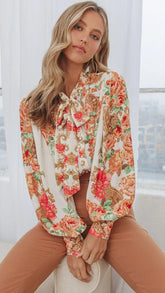 Orange Floral Neck-Tie Blouse
