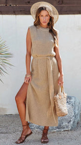 Khaki Ribbed Knit Midi Dress