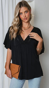 Black Pleated Short Sleeves Tee