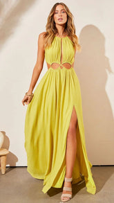 Lime Yellow Cutout Waist Maxi Dress