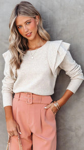 Beige Ruffled Knit Top