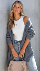 Grey Ribbed Knit Cardigan