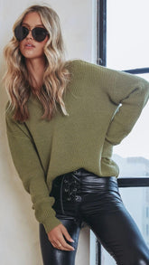 Olive Ribbed Knit Sweater