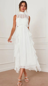 White Solid Ruffle Sleeveless Midi Dress