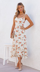 Beige Floral Slip Midi Dress