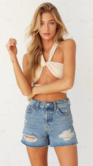 Blue Destroyed Denim Shorts