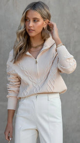Cream Cable Knit Zipper Sweater