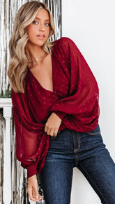 Burgundy Balloon Sleeves Top