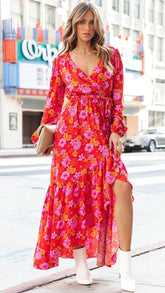 Orange Floral Surplice Midi Dress