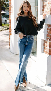 Deep Blue Split Flare Denim Jeans