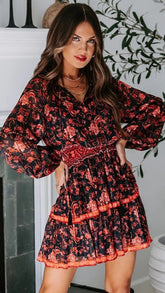 Black Boho Floral Long Sleeves Dress